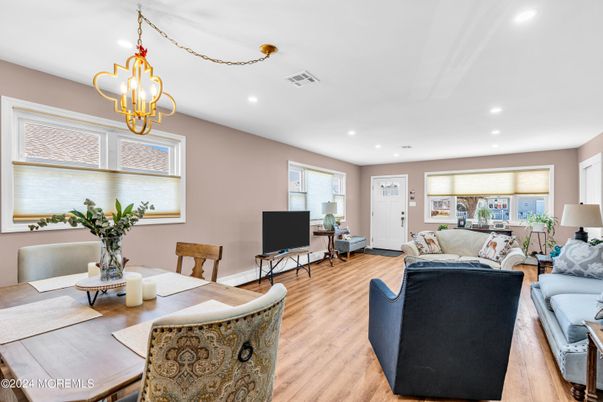 Dining room, Interior, Living room, Pendant Lights, Recessed Lighting, Wood Texture Flooring