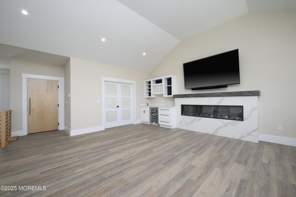 Empty room, Fireplace, Interior, Recessed Lighting, Wood Texture Flooring