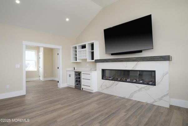 Empty room, Fireplace, Interior, Recessed Lighting, Wood Texture Flooring