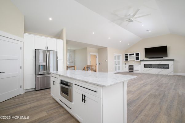 Interior, Kitchen, Recessed Lighting, Stainless Steel Appliances, Wood Texture Flooring
