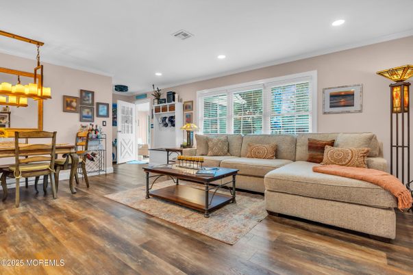 Dining room, Interior, Living room, Recessed Lighting, Wood Texture Flooring