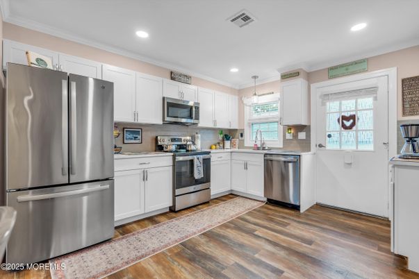 Interior, Kitchen, Pendant Lights, Recessed Lighting, Stainless Steel Appliances, Wood Texture Flooring