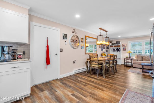 Dining room, Interior, Pendant Lights, Recessed Lighting, Wood Texture Flooring