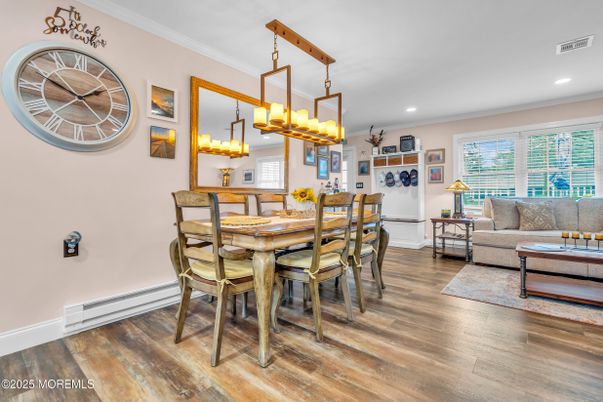 Dining room, Interior, Living room, Recessed Lighting, Wood Texture Flooring