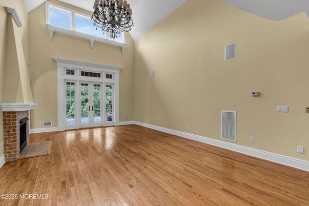 Chandelier, Empty room, Fireplace, Interior, Wood Texture Flooring