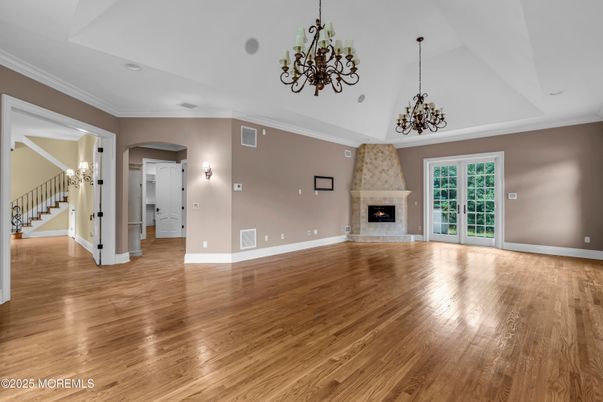 Chandelier, Empty room, Fireplace, Interior, Pendant Lights, Wood Texture Flooring