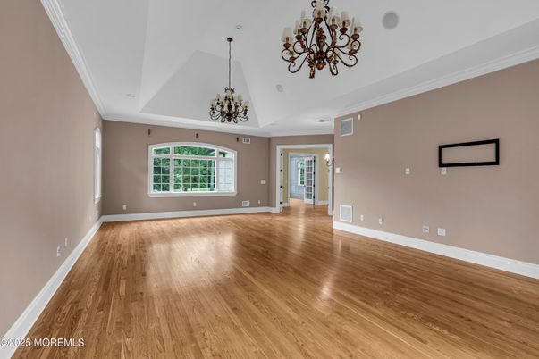 Chandelier, Empty room, Interior, Wood Texture Flooring