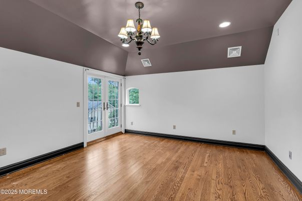 Chandelier, Empty room, Interior, Recessed Lighting, Wood Texture Flooring