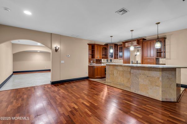 Interior, Kitchen, Pendant Lights, Recessed Lighting, Wood Texture Flooring