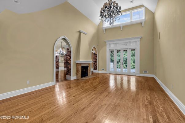 Chandelier, Empty room, Fireplace, Interior, Wood Texture Flooring