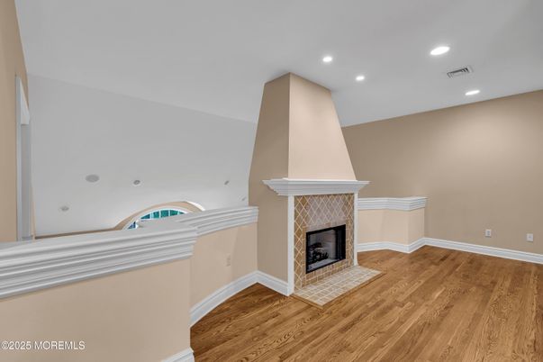 Fireplace, Interior, Recessed Lighting, Wood Texture Flooring