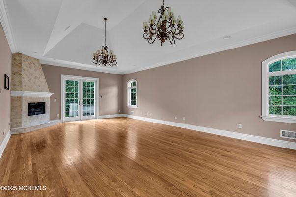 Chandelier, Empty room, Fireplace, Interior, Pendant Lights, Wood Texture Flooring