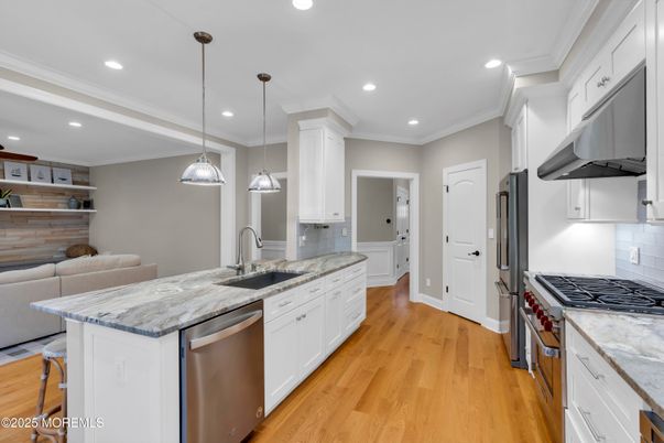 Interior, Kitchen, Pendant Lights, Recessed Lighting, Stainless Steel Appliances, Wood Texture Flooring