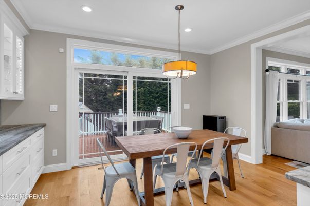 Dining room, Interior, Pendant Lights, Recessed Lighting, Wood Texture Flooring