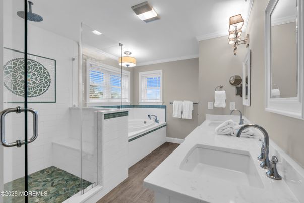 Bathroom, Dual Sink Vanities, Glass Shower, Interior, Wood Texture Flooring