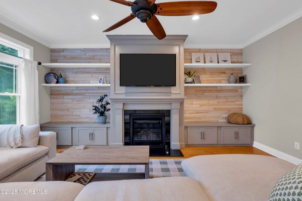 Fireplace, Interior, Recessed Lighting, Wood Texture Flooring, Wooden Walls