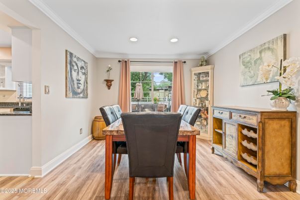 Dining room, Interior, Recessed Lighting, Wood Texture Flooring