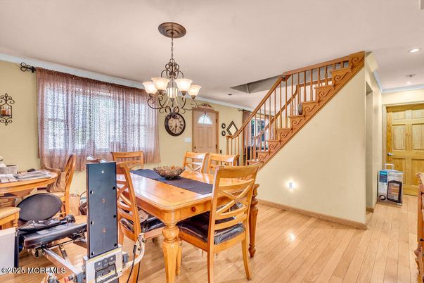 Chandelier, Dining room, Interior, Recessed Lighting, Wood Texture Flooring
