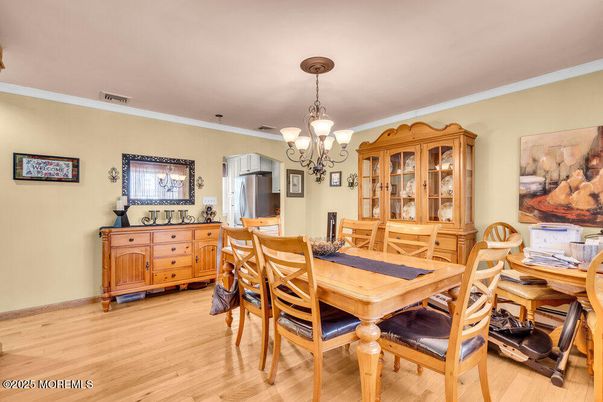Chandelier, Dining room, Interior, Wood Texture Flooring