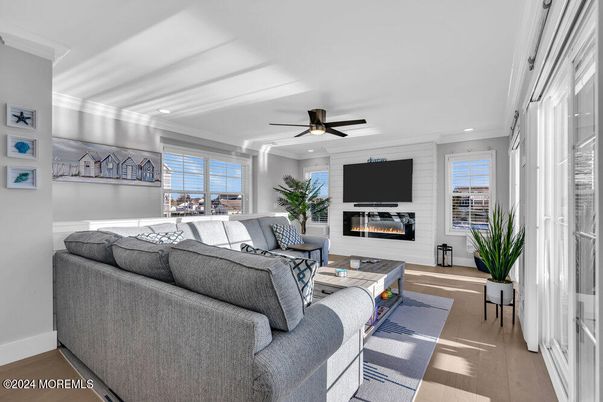 Fireplace, Interior, Living room, Recessed Lighting, Wood Texture Flooring