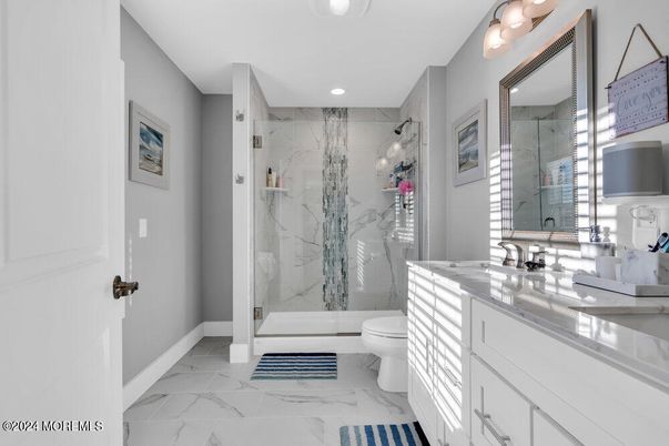 Bathroom, Glass Shower, Interior, Marble, Marble Walls, Recessed Lighting
