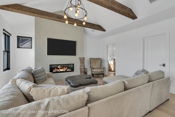 Fireplace, Interior, Living room, Pendant Lights, Wooden Beams, Wood Texture Flooring