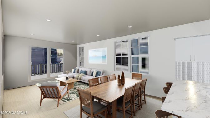 Dining room, Interior, Living room, Recessed Lighting, Wood Texture Flooring