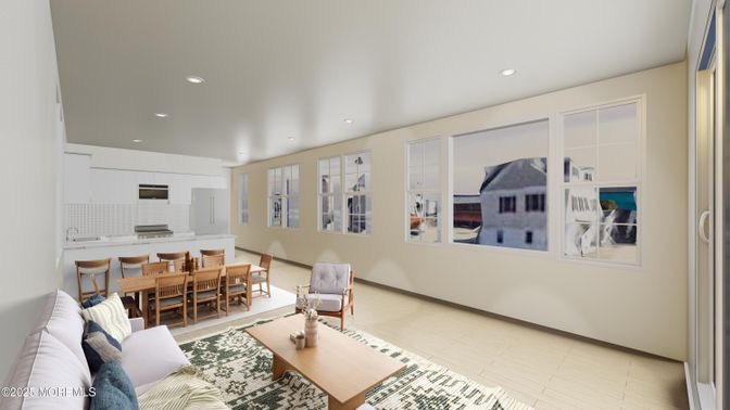 Dining room, Interior, Kitchen, Living room, Recessed Lighting, Stainless Steel Appliances, Wood Texture Flooring