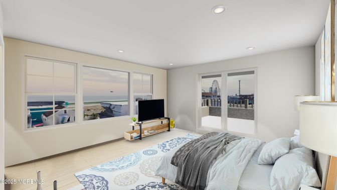 Bedroom, Interior, Recessed Lighting, Water, Wood Texture Flooring