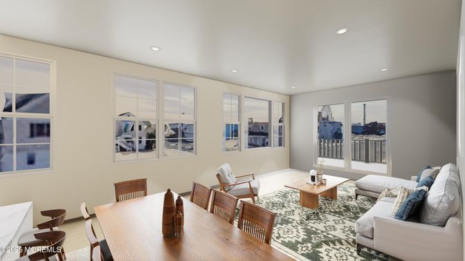 Dining room, Interior, Living room, Recessed Lighting, Wood Texture Flooring