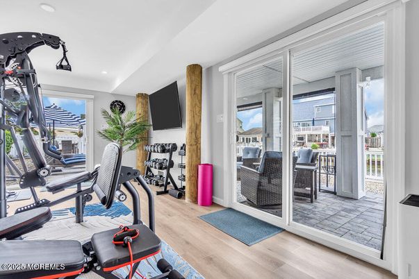 Fitness Equipment, Gym, Interior, Recessed Lighting, Wood Texture Flooring