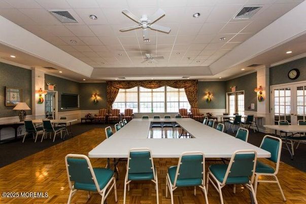 Dining room, Interior, Recessed Lighting, Wood Texture Flooring