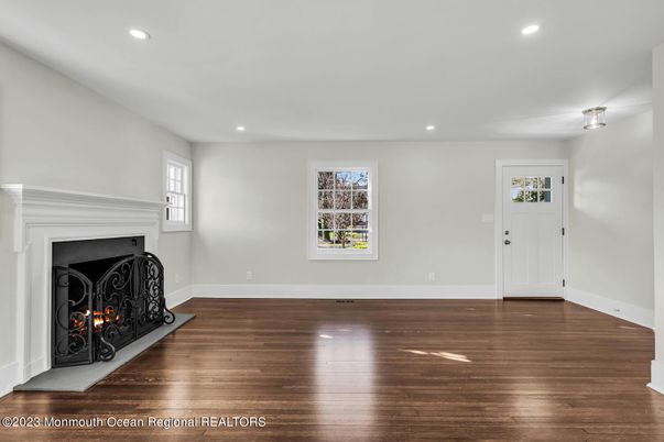 Empty room, Fireplace, Interior, Recessed Lighting, Wood Texture Flooring