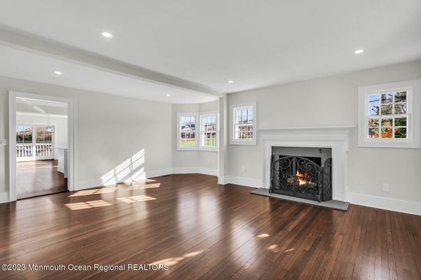 Empty room, Fireplace, Interior, Recessed Lighting, Wood Texture Flooring