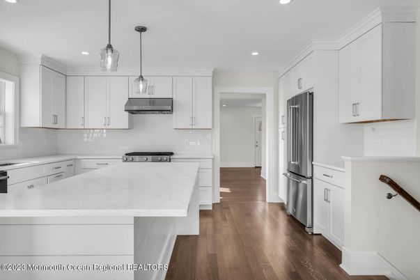 Interior, Kitchen, Pendant Lights, Recessed Lighting, Stainless Steel Appliances, Wood Texture Flooring