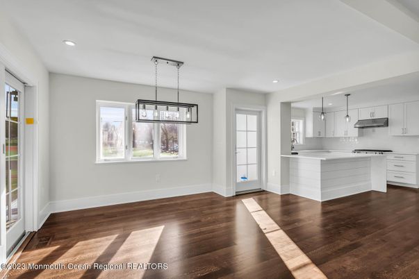 Empty room, Interior, Kitchen, Pendant Lights, Recessed Lighting, Wood Texture Flooring
