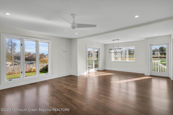 Empty room, Interior, Pendant Lights, Recessed Lighting, Wood Texture Flooring