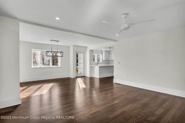 Empty room, Interior, Pendant Lights, Recessed Lighting, Wood Texture Flooring