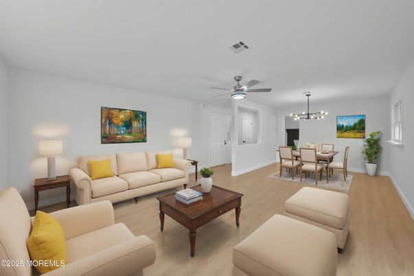 Dining room, Interior, Living room, Pendant Lights, Wood Texture Flooring