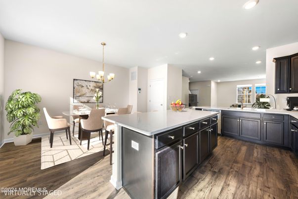 Chandelier, Dining room, Interior, Kitchen, Recessed Lighting, Water, Wood Texture Flooring