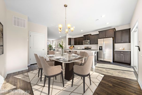 Chandelier, Dining room, Interior, Kitchen, Recessed Lighting, Stainless Steel Appliances, Wood Texture Flooring