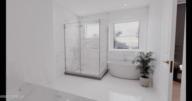 Bathroom, Free Standing Baths, Glass Shower, Interior, Marble Walls, Recessed Lighting