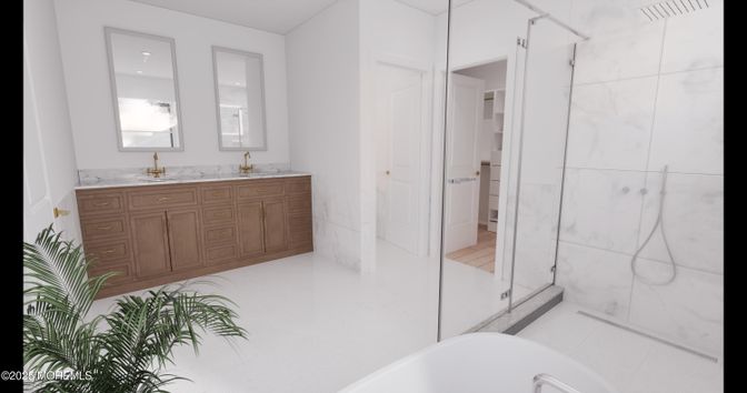Bathroom, Dual Sink Vanities, Glass Shower, Interior, Marble Walls