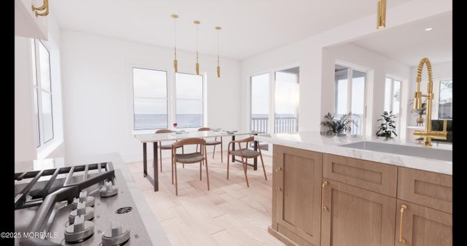 Dining room, Interior, Pendant Lights, Recessed Lighting, Water, Wood Texture Flooring