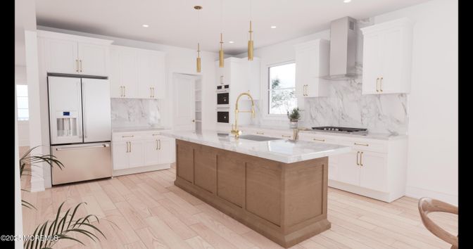 Interior, Kitchen, Marble Walls, Pendant Lights, Recessed Lighting, Stainless Steel Appliances, Wood Texture Flooring