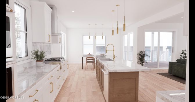 Dining room, Interior, Kitchen, Pendant Lights, Recessed Lighting, Water, Wood Texture Flooring