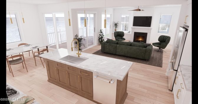 Dining room, Fireplace, Interior, Kitchen, Living room, Pendant Lights, Wood Texture Flooring