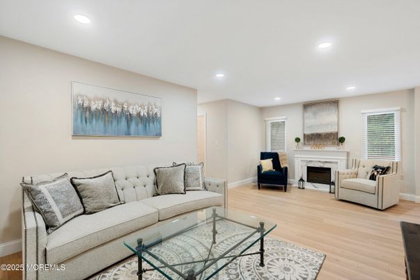 Fireplace, Interior, Living room, Recessed Lighting, Wood Texture Flooring