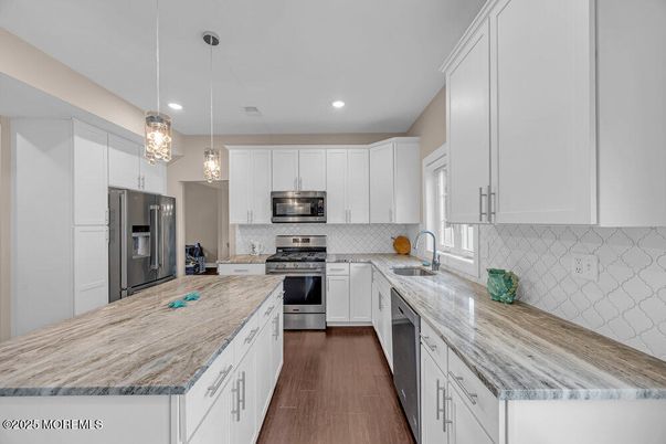 Interior, Kitchen, Pendant Lights, Recessed Lighting, Stainless Steel Appliances, Wood Texture Flooring