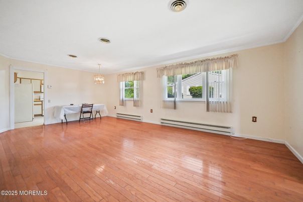Chandelier, Dining room, Empty room, Interior, Wood Texture Flooring